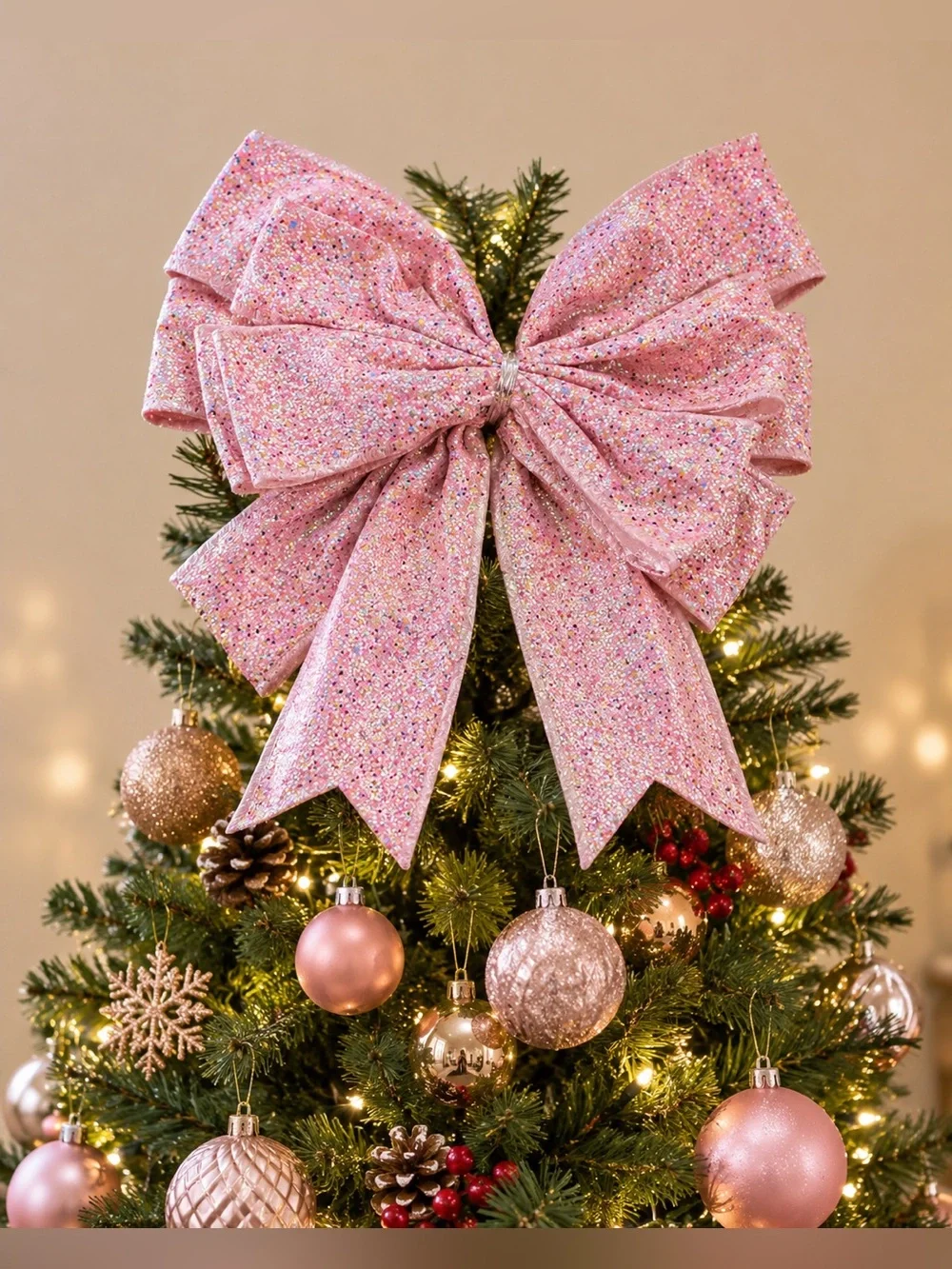 Large Christmas tree/everyday glitter pink bows 2 total NEW NWT